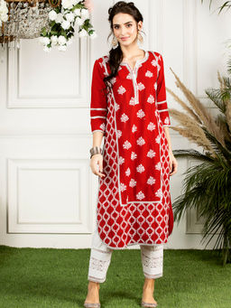 Mulmul - Red Embroidered Cotton Senna Kurta