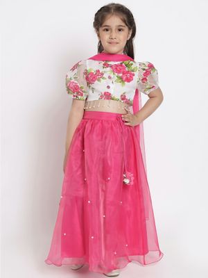 Nautinati Girls' Printed Sleeveless Lehenga Set with Dupatta