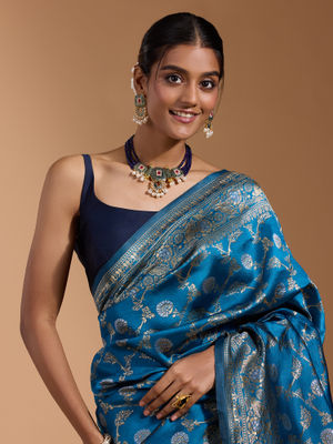 Blue Banarasi Silk Saree & Zari Woven Blouse - Indian