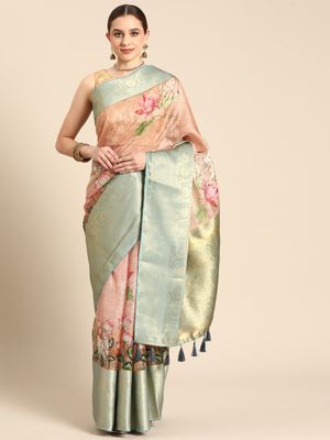 Women Pink Silk Blend Digital Print Saree With Unstitched Blouse