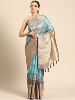 Women's Tussar Silk Turquoise Digital Print Designer Saree With Blouse Piece