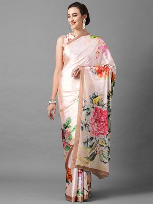 Women's Satin Silk Olive Printed Designer Saree With Blouse Piece