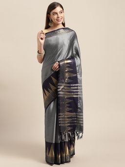 Vastranand - Grey & Navy Blue Woven Design Zari Silk Blend Banarasi Saree with Unstitched Blouse