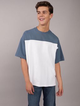 American Eagle - Men Blue Oversized Colorblock Pique T-Shirt