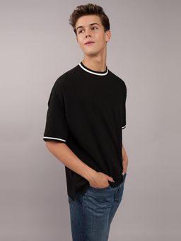 American Eagle - Men Black Oversized Ringer Pique T-Shirt