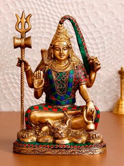 eCraftIndia - Lord Shiva Idol Decorative Brass Figurine with Colourful Stone Work