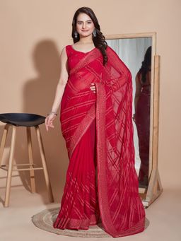 VAIRAGEE - Red Zomato Embroidery Silk Saree with Unstitched Blouse