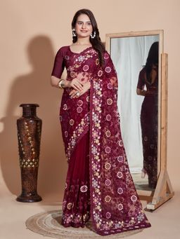 VAIRAGEE - Burgundy Floral Soft Net Embroidery Saree with Unstitched Blouse
