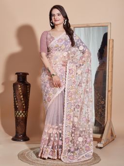 VAIRAGEE - Beige Floral Soft Net Embroidery Saree with Unstitched Blouse