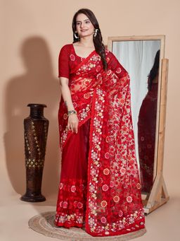 VAIRAGEE - Red Floral Soft Net Embroidery Saree with Unstitched Blouse