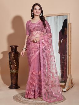VAIRAGEE - Pink Soft Net Embroidery Saree with Unstitched Blouse