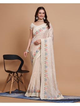 VAIRAGEE - White Soft Organza Embroidery Saree with Unstitched Blouse