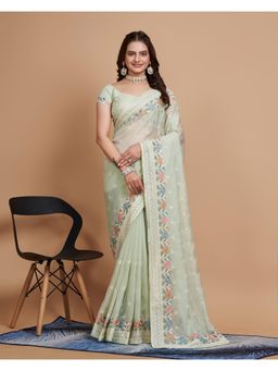 VAIRAGEE - Green Soft Organza Embroidery Saree with Unstitched Blouse