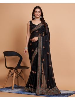 VAIRAGEE - Black Soft Rimzim Silk Embroidery Saree with Unstitched Blouse