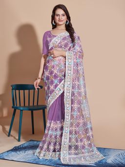 VAIRAGEE - Lavender Floral Soft Net Embroidery Saree with Unstitched Blouse
