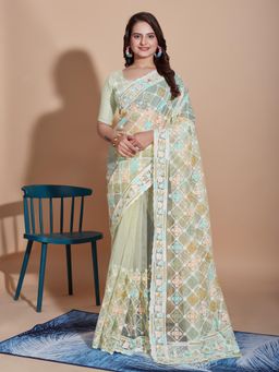 VAIRAGEE - Yellow Floral Soft Net Embroidery Saree with Unstitched Blouse
