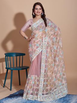 VAIRAGEE - Peach Floral Soft Net Embroidery Saree with Unstitched Blouse