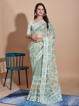 VAIRAGEE - Green Floral Soft Net Embroidery Saree with Unstitched Blouse
