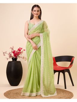 VAIRAGEE - Olive Soft Gold Net Embroidery Saree with Unstitched Blouse