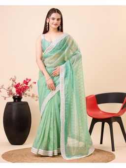 VAIRAGEE - Green Soft Gold Net Embroidery Saree with Unstitched Blouse