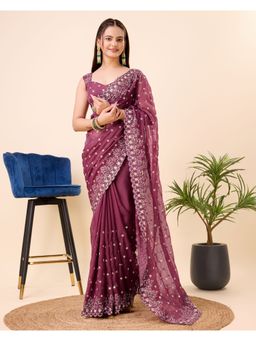 VAIRAGEE - Wine Soft Organza Embroidery Saree with Unstitched Blouse