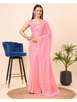 VAIRAGEE - Pink Soft Organza Embroidery Saree with Unstitched Blouse