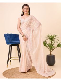 VAIRAGEE - Beige Soft Organza Embroidery Saree with Unstitched Blouse