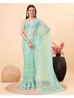 VAIRAGEE - Green Soft Net Embroidery Saree with Unstitched Blouse