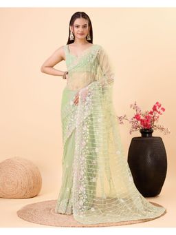 VAIRAGEE - Olive Soft Net Embroidery Saree with Unstitched Blouse