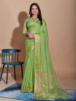 VAIRAGEE - Green Solid Soft Cotton Saree with Unstitched Blouse