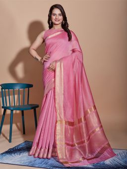 VAIRAGEE - Pink Solid Soft Cotton Saree with Unstitched Blouse