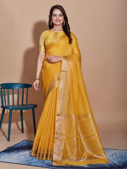 VAIRAGEE - Yellow Solid Soft Cotton Saree with Unstitched Blouse