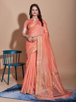 VAIRAGEE - Orange Solid Soft Cotton Saree with Unstitched Blouse