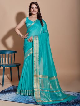 VAIRAGEE - Blue Solid Soft Cotton Saree with Unstitched Blouse