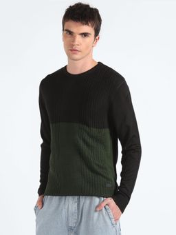 Flying Machine - Colour Block Cable Knit Black Sweater