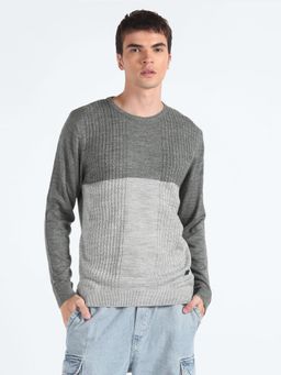 Flying Machine - Colour Block Cable Knit Grey Sweater
