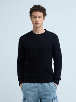 Flying Machine - Textured Crew Neck Navy Blue Sweater