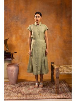 House of Surkh - Olive Green Box Pleat Skirt and Shirt (Set of 2)