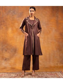 House of Surkh - Walnut Brown Linen Jacket with Dress and Pant (Set of 3)