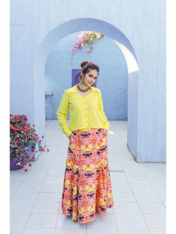 House of Surkh - Yellow Jute Shirt and Printed Cotton Skirt (Set of 2)