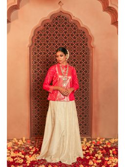 House of Surkh - Off White and Pink Doha Silk Jacket and Skirt (Set of 2)