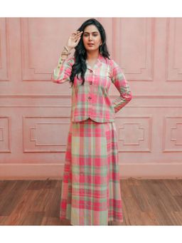 House of Surkh - Pink and Mint Green Madras Cotton Checks Jacket and Skirt (Set of 2)