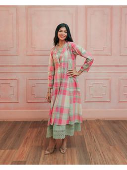 House of Surkh - Pink and Mint Green Madras Cotton Long Jacket with Dress (Set of 2)