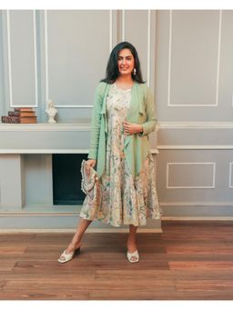 House of Surkh - Floral Pista Green Cotton Jacket and Dress (Set of 2)