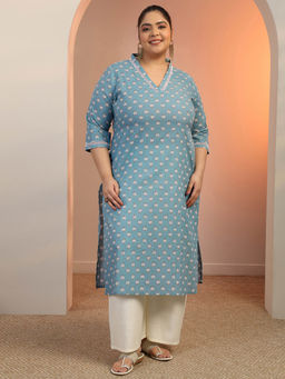 Extra love by Libas - Plus Size Women Plus Size Women Cotton Blue V-Neck Kurta