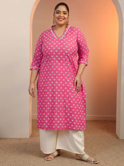 Extra love by Libas - Plus Size Women Plus Size Women Cotton Pink V-Neck Kurta