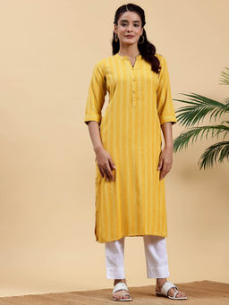 Libas - Women Viscose Yellow Mandarin Neck Kurta
