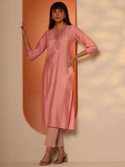 Libas - Women Silk Blend Peach V-Neck Kurta