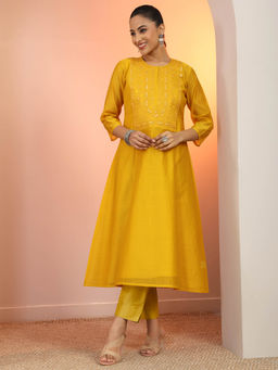 Libas - Women Silk Yellow Round Neck Kurta
