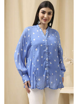 Biba - Women Viscose Rayon Blue Mandarin Neck Shirt